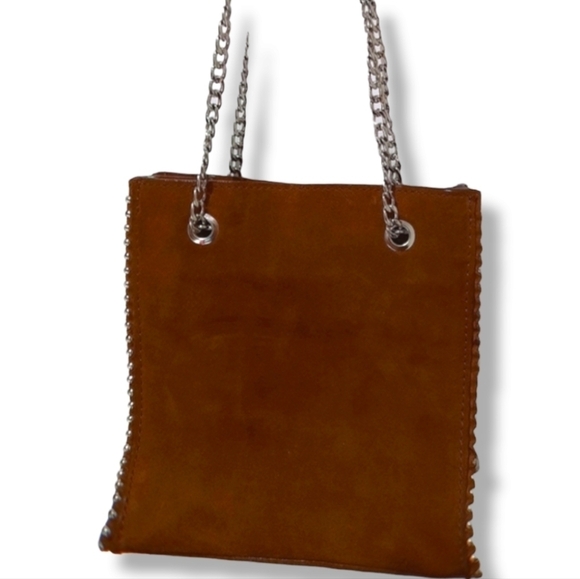 Suede  Brown Small Zara Bag With Studded Silver Chain. - Picture 1 of 3